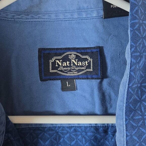 Nat Nast Men's Geometric Short Sleeve Silk Blend Button-up Shirt Blue Large - Picture 2 of 6